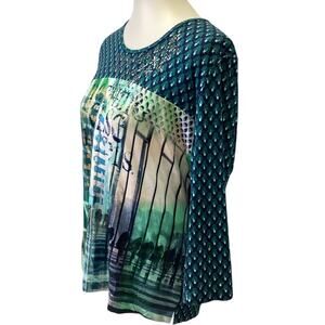 Rabe Size 14 Long Sleeve Flowy Beaded Stretchy Polyester Blend Crew Neck Blouse